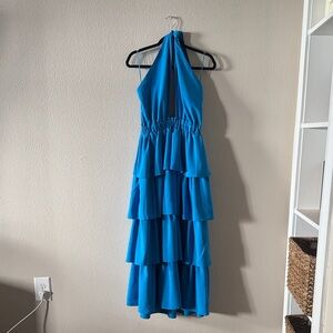 Elegant Blue Tie Halter Maxi Dress